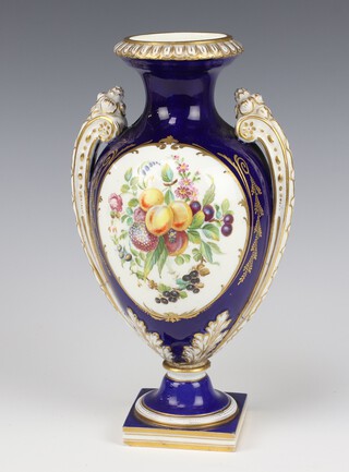 A 19th Century Paris porcelain 2 handled vase decorated with panels of fruits 24cm 