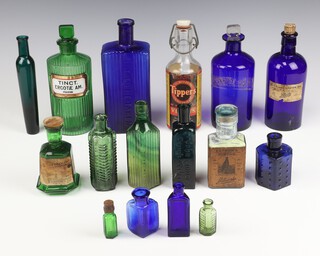 A Victorian green glass poison bottle labelled Tinct Ercotaem Poison and other bottles 