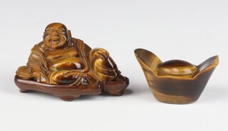 A carved tigers eye figure Hotei 9cm (toe has minor chip),  together with a ditto of a vessel 5cm 