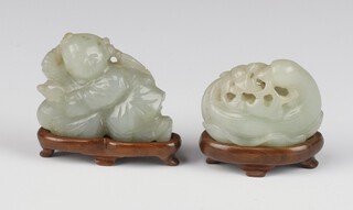 A Chinese jade carving of a reclining boy 6cm together with a ditto of a bird 5cm 