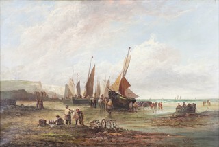 Edwina Lara, British (active 1850-1882), oil on canvas signed, fishing boats on a shore scene with figures 40cm x 60cm 