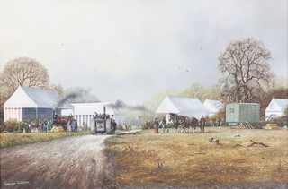 Spencer Coleman (born 1952), oil on canvas signed, country fair with figures, steam engines, horses 40cm x 60cm