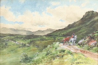 John Blake MacDonald (British 1829-1901), watercolour signed, highland pass with figures and wagons  23cm x 35cm 