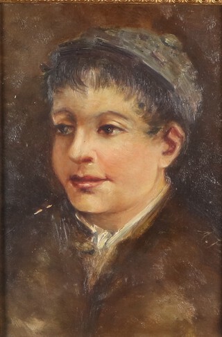 19th Century Continental  oil on board unsigned, head and shoulders portrait  of a young boy 22cm x 15cm contained in a gilt frame  