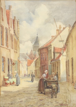 J Harrison, watercolour signed, street scene "At Bruges" 34cm x 24cm 