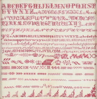 19th Century sampler, alphabets, numbers, flowers and scrolls, dated 25th November 1866 22cm x 22cm 