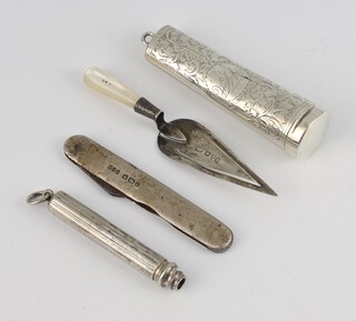 An Edwardian silver cigar holder case, a trowel book mark, pen knife and propelling pencil 