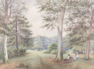 P C, watercolour, woodland scene with figures, monogrammed 44cm x 59cm 