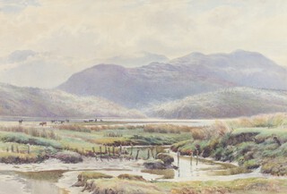 Edward Henry Bearne (Born 1844), watercolour signed, Scottish landscape with distant hills and cattle 13cm x 54cm 