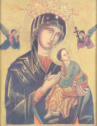 20th Century icon watercolour, the Virgin and child with attendants 34cm x 26cm 