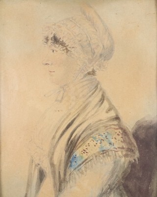 19th Century miniature watercolour study of a lady in an ebonised and gilt metal mounted frame 8.5cm x 7cm 