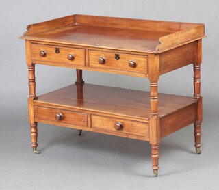 A William IV rectangular 2 tier mahogany wash stand with 3/4 gallery, the upper section fitted 2 drawers, raised on turned supports, the base fitted 2 drawers with turned handles 84cm h x 103cm w x 58cm d 