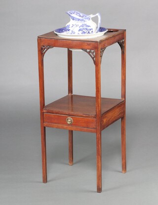 A Georgian square mahogany 2 tier wash stand with fret work decoration to the sides, 3 bowl receptacles and drawer to the base 78cm h x 34cm w x 33cm d  together with an associated blue and white willow pattern jug and bowl 