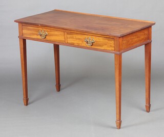 A 19th Century rectangular mahogany side table fitted 2 drawers with brass swan neck drop handles, raised on square tapered supports, spade feet, 78cm h x 106cm w x 54cm d 