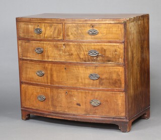 A 19th Century mahogany bow front chest, crossbanded and with ebonised stringing, fitted 2 short and 3 long drawers, raised on bracket feet 92cm h x 95cm w x 54cm d  