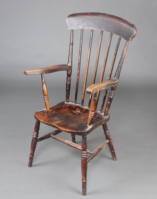 A 19th Century beech and elm stick and bar back Windsor chair with solid seat, turned supports with H framed stretcher 110cm h x 43cm w x 41cm d 