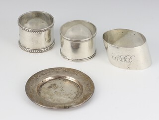 A stylish silver napkin ring with engraved monogram Sheffield 1923, 2 others and a Sterling dish, 114 grams 