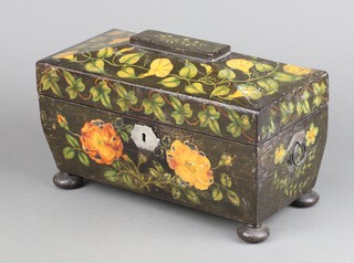 A Victorian floral painted sarcophagus shaped twin compartment tea caddy with hinged lid, complete with mixing bowl, raised on bun feet 16cm h x 30cm w x 14cm d 