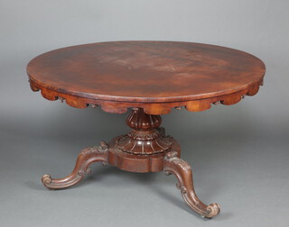 A Victorian circular mahogany pedestal dining table, raised on a carved column and tripod base 73cm h x 129 cm diam. 