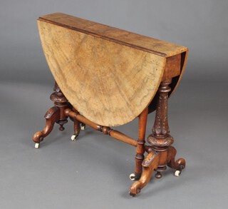 A Victorian oval figured walnut Sutherland table, raised on turned supports with H framed stretcher 71cm h x 90cm w x 14cm when closed x 106cm when open 