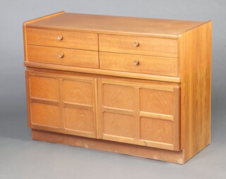 Nathan, a mid-century teak sideboard fitted 4 short drawers above double cupboard, enclosed by panelled doors 75cm h x 102cm w x 45cm d 