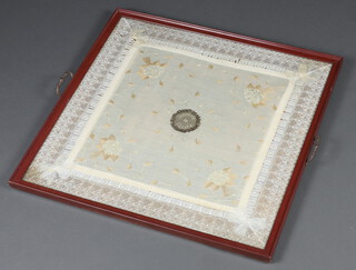 A 19/20th Century French lace embroidered panel mounted in a tea tray 66cm x 68cm 