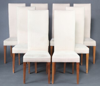 A set of 8 light hardwood framed high backed dining chairs, upholstered in "suede" covered material 117cm h x 46cm w x 48cm d (some marks to material in places) 