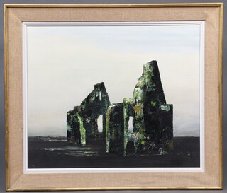 Margaret Norton, oil on canvas, ruins of Boxgrove Priory, monogrammed, label to the reverse 49cm x 16cm 