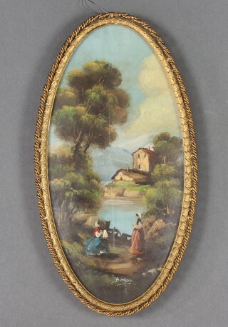 Bossi, a 19/20th Century Continental oil on board, rural scene with figures 17cm x 9cm  