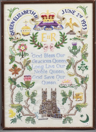 A wool work sampler to commemorate the Coronation of Her Majesty Queen Elizabeth 1953 40cm x 29cm 