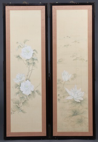 Five rectangular framed prints of flowers, contained in wooden and gilt metal mounted frames 92cm x 31cm 