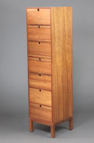 A mid-century teak pedestal chest of 7 drawers, on square supports 150cm h x 38cm w x 38cm d 