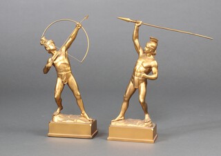 A pair of gilt painted spelter figures of Greek warriors, on rectangular bases 32cm h 