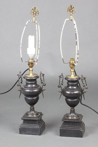 A pair of table lamps formed from a pair of Victorian turned marble and bronze mounted urns 33cm h x 12cm x 10cm (both have chips to the base) 