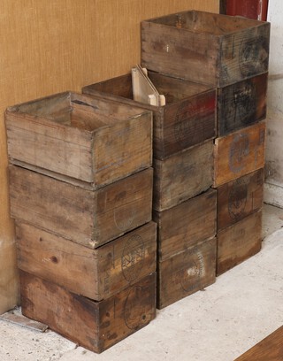 Thirteen various rectangular wooden wine boxes 18cm x 39cm x 30cm (signs of old but treated worm to some) 