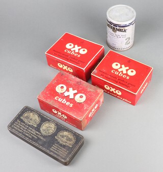 A First World War rectangular Gift From The Colonies chocolate tin 3cm x 23cm x 9cm, an Oyster Milk no.2 tin, 3 Oxo tins