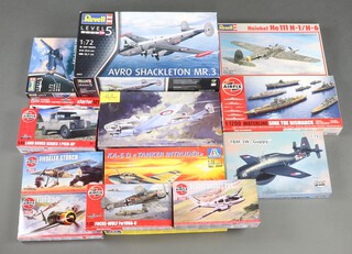 Two Revell model aircraft boxed (unmade), an Italian ditto and 8 Airfix models, contained in a blue plastic box 