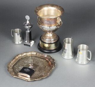 A silver plated trophy in the form of a wine cooler, a silver plated salver with bracketed border, 3 pewter tankards, a hip flask and a trophy