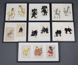 D Snell, 15 humorous sketches of animals contained in 7 frames 13cm x 9cm 