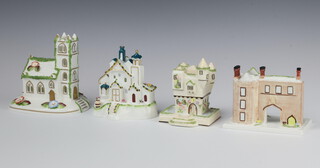 Four Coalport pastel burners - The Bell Tower 11cm, Tyrollean Castle 10cm, Village Church 13cm and The Old Palace Gate House Richmond Surrey 19cm 