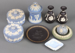 A Wedgwood black basalt commemorative dish, 2 vases, 3 lidded jars, 2 dishes and a pommander