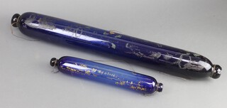 A large Victorian blue glass rolling pin 72cm, ditto 37cm 