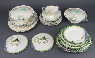 An Art Deco Burleigh Ware Dawn pattern part dinner service comprising 3 small plates, 2 medium plates, 3 dinner plates, 5 oval serving dishes, tureen lid, together with a Burleigh Ware Primrose pattern part dinner service - 7 small plates, 5 side plates, 6 dinner plates, oval meat plate, 2 tureens and covers, small plate