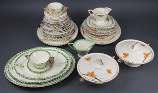 An Art Deco Burleigh Ware Meadowland pattern part dinner service comprising 3 oval meat plates, 4 dinner plates, 2 tureens and covers together with another decorated with flowers comprising oval meat plate, 10 dinner plates, 2 side plates, 11 small plates, a 2 handled bowl and 5 saucers, a sugar bowl and a ditto Roseland part service - 4 oval dinner plates, sauce boat, 2 handled cup and saucer, 3 other plates