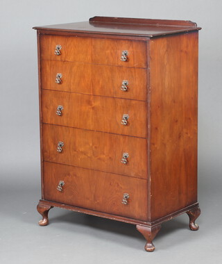 A mahogany chest with raised back and 5 long drawers, raised on cabriole supports 113cm h x 80cm w x 47cm d  