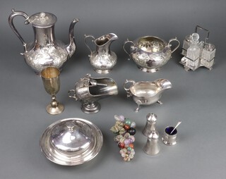 An Edwardian silver plated 3 piece repousse tea set and minor plated wares