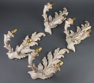 Four composition painted Rococo 2 light wall lights 