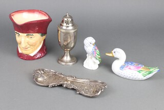 A baluster shaped silver plated sugar sifter, ditto snuffer tray, a Royal Doulton character jug The Cardinal, a Portuguese porcelain figure of a duck and a figure of a cockatoo 