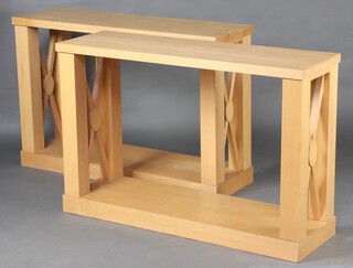 A pair of Georgian style beech side/console tables with X framed supports 68cm h x 130cm w x 41cm d  