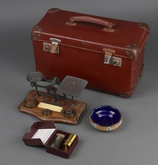 A set of Edwardian postage scales and weights together with a pocket microscope 